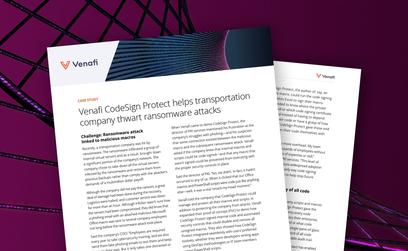 Venafi CodeSign Protect Helps Transportation Company Thwart Ransomware Attacks - cover graphic